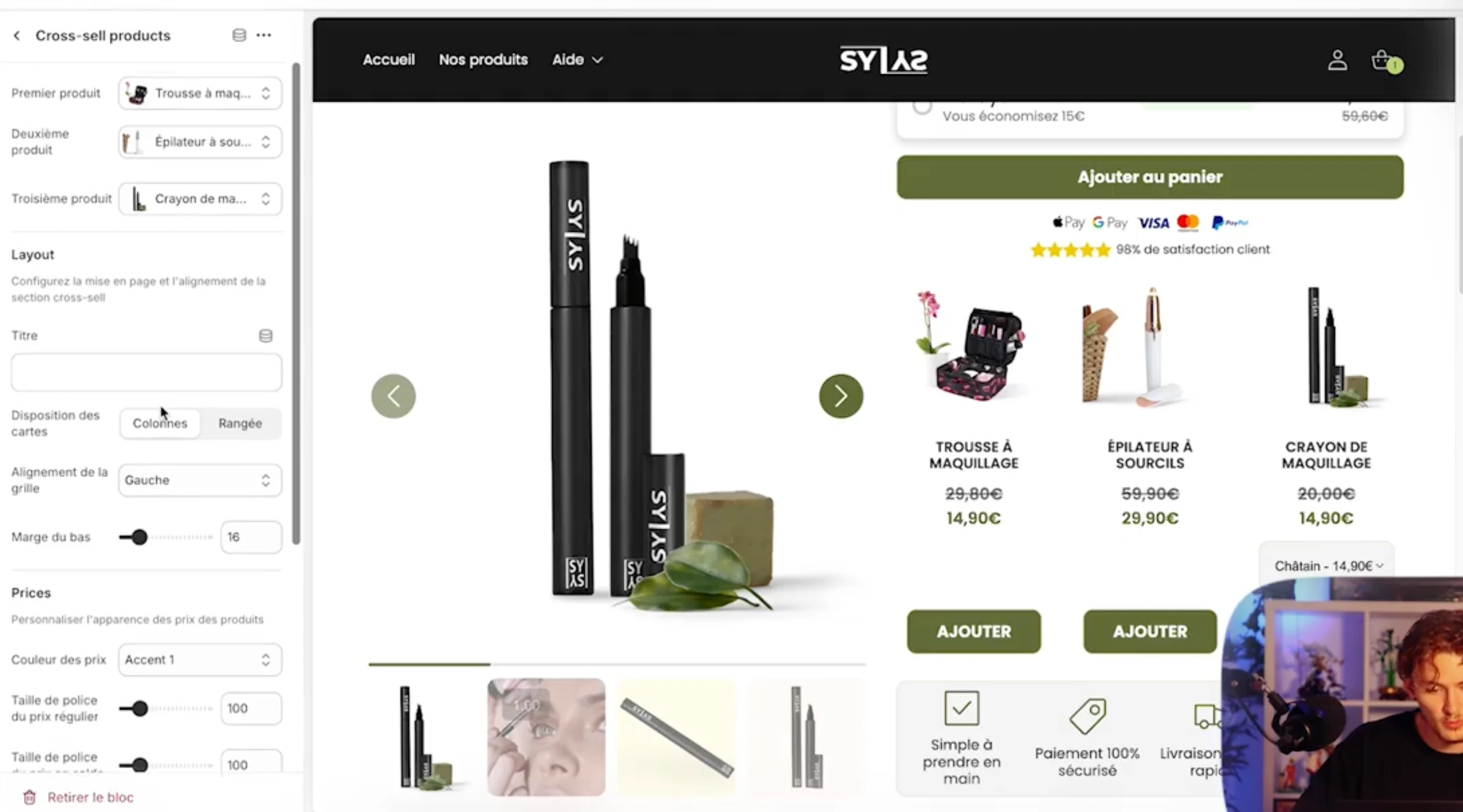 Section Cross-sell avec produits complémentaires sur la page produit.
