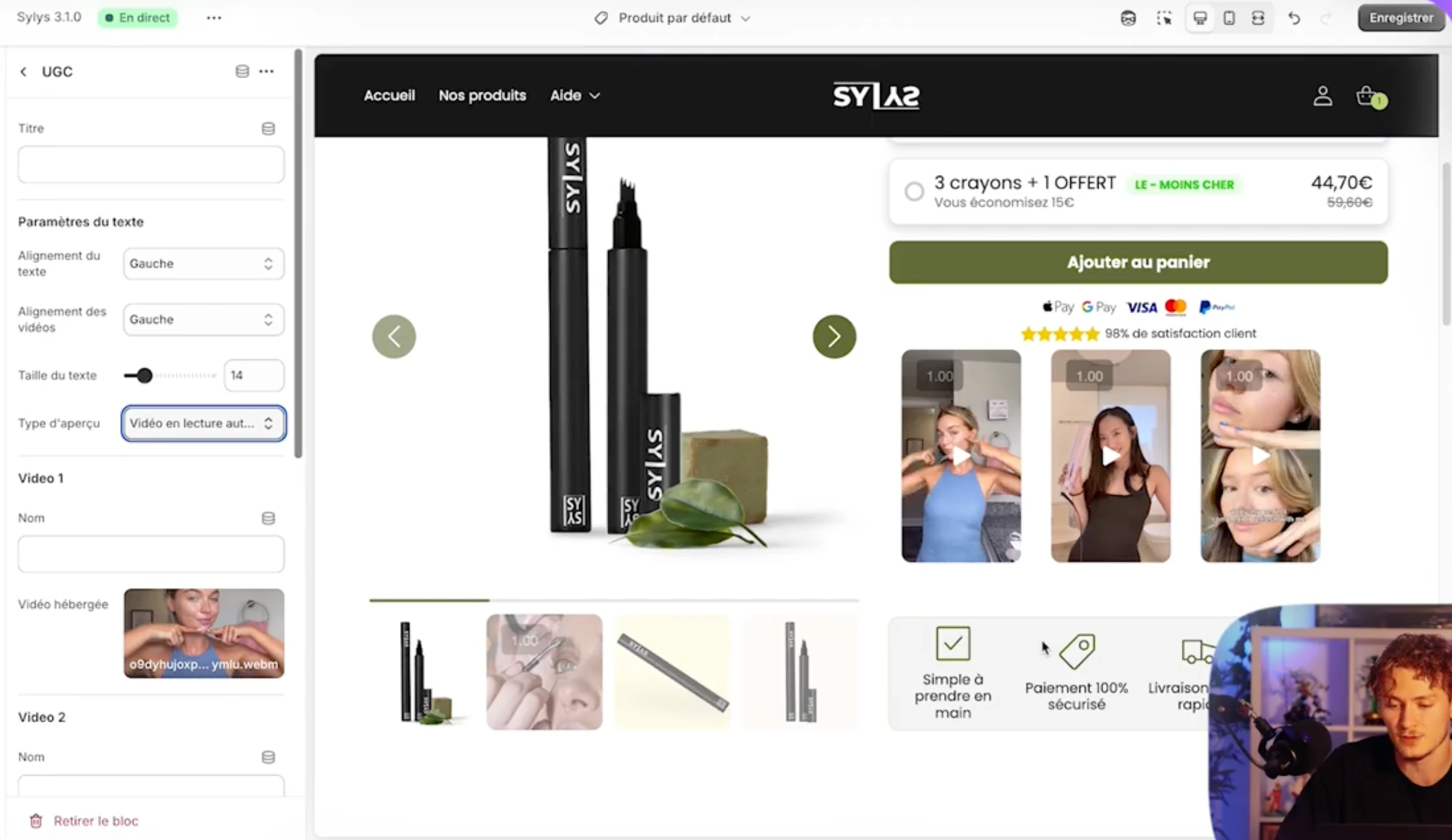 Bloc UGC affichant des vidéos clients pour renforcer la preuve sociale.