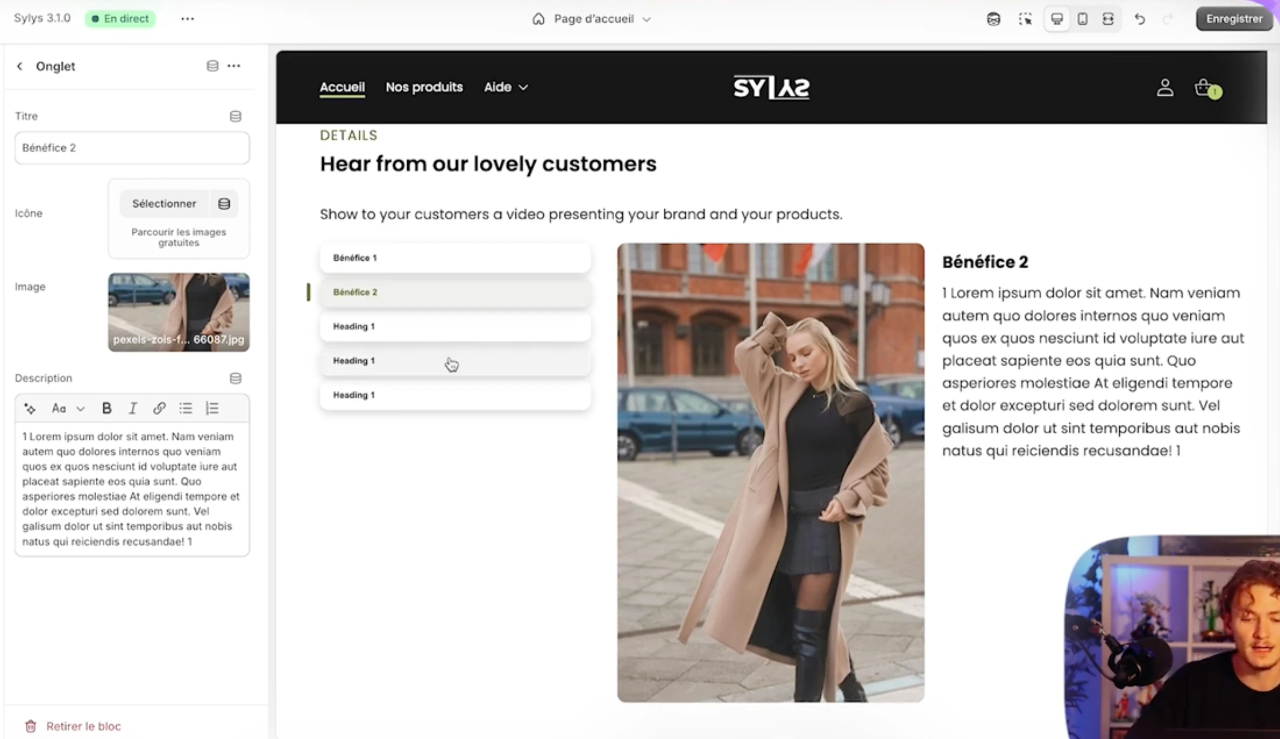 Section e-tabs présentant les bénéfices produits de manière interactive.