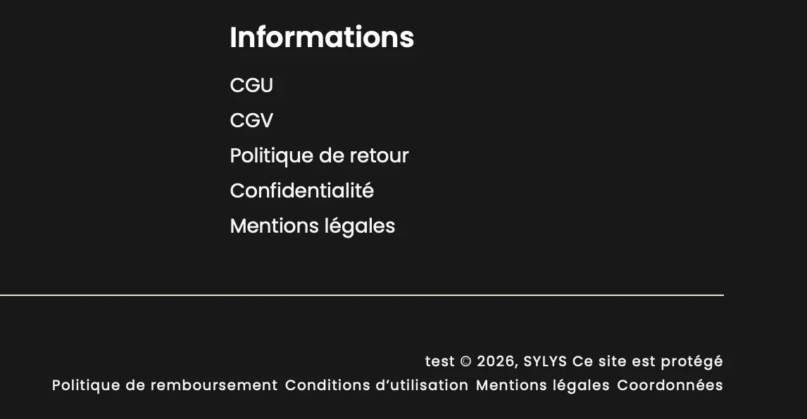 footer boutique Sylys Story Theme avec mentions légales CGV et politique de confidentialité